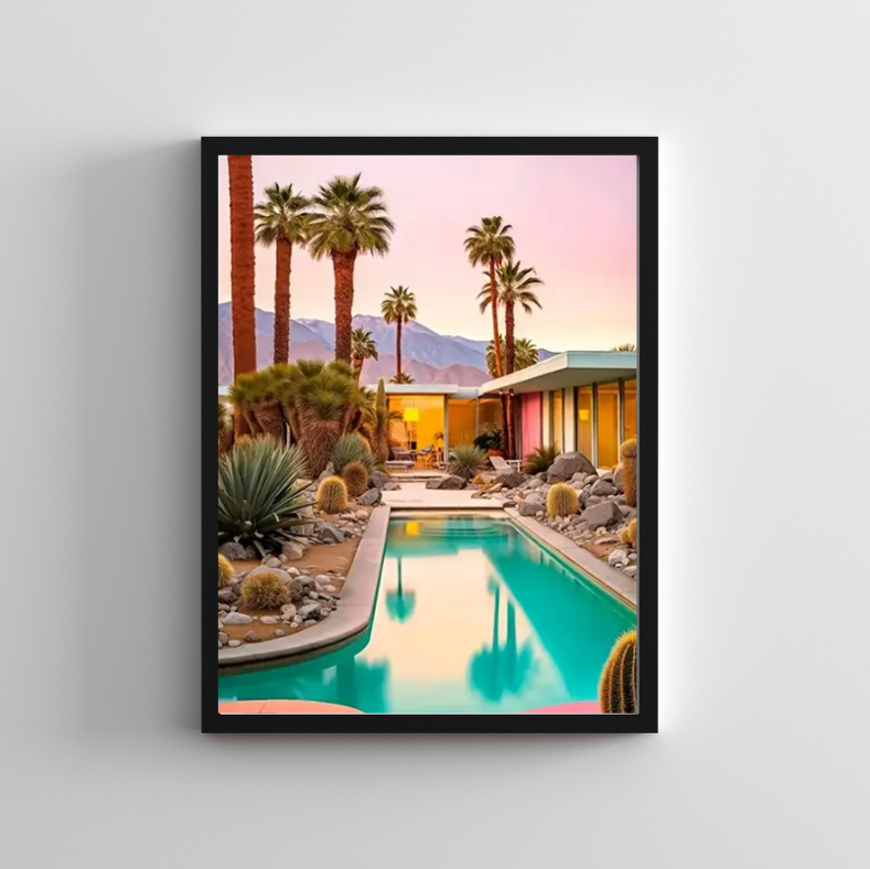Palm Springs Californian mid-century bungalow framed canvas print | Pink and orange | 30 cm x 40 |
