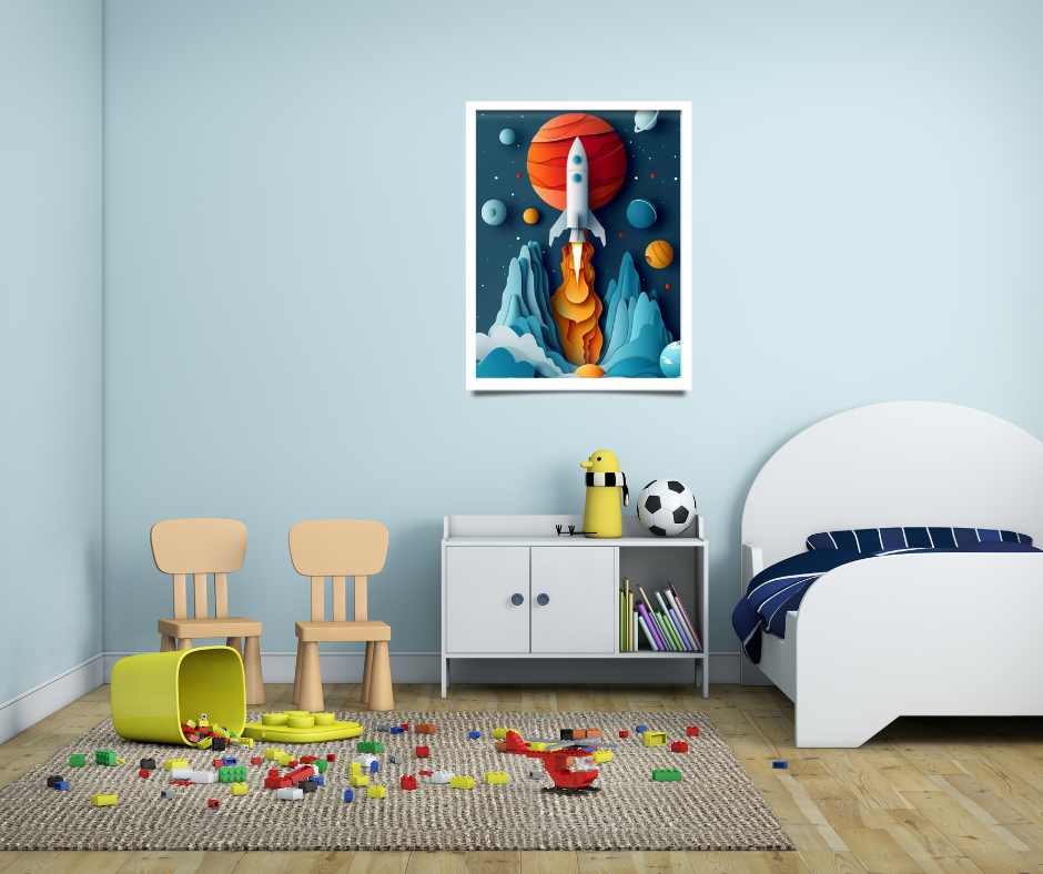 Children's bright 3D rocket framed canvas print | Navy, cream, orange | 30 cm x 40 cm