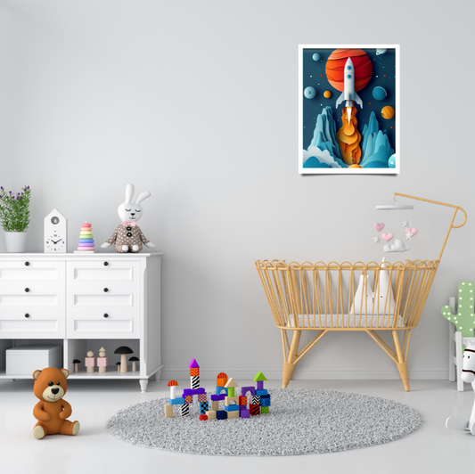 Children's room with a crib, toys, and a colorful space-themed wall art.