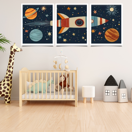 Children's room with space-themed wall art above a crib.