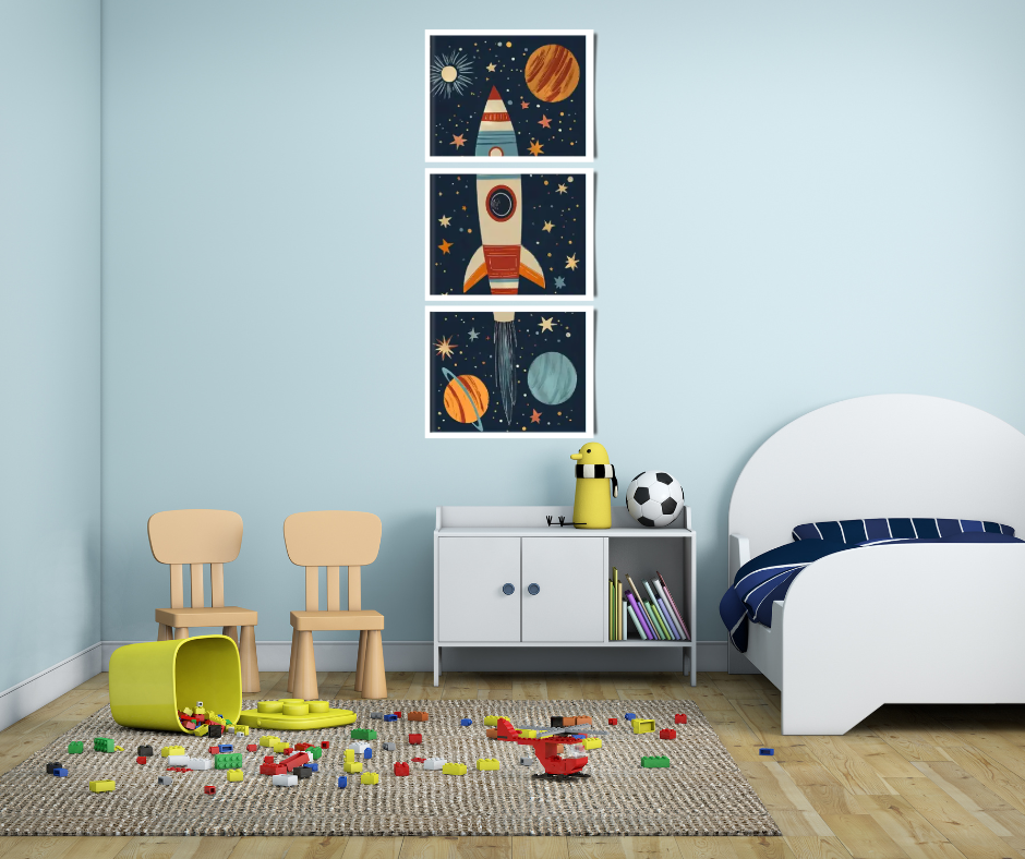 Children's bright rocket framed canvas prints 3 set | Navy, cream, orange | 30 cm x 40 cm