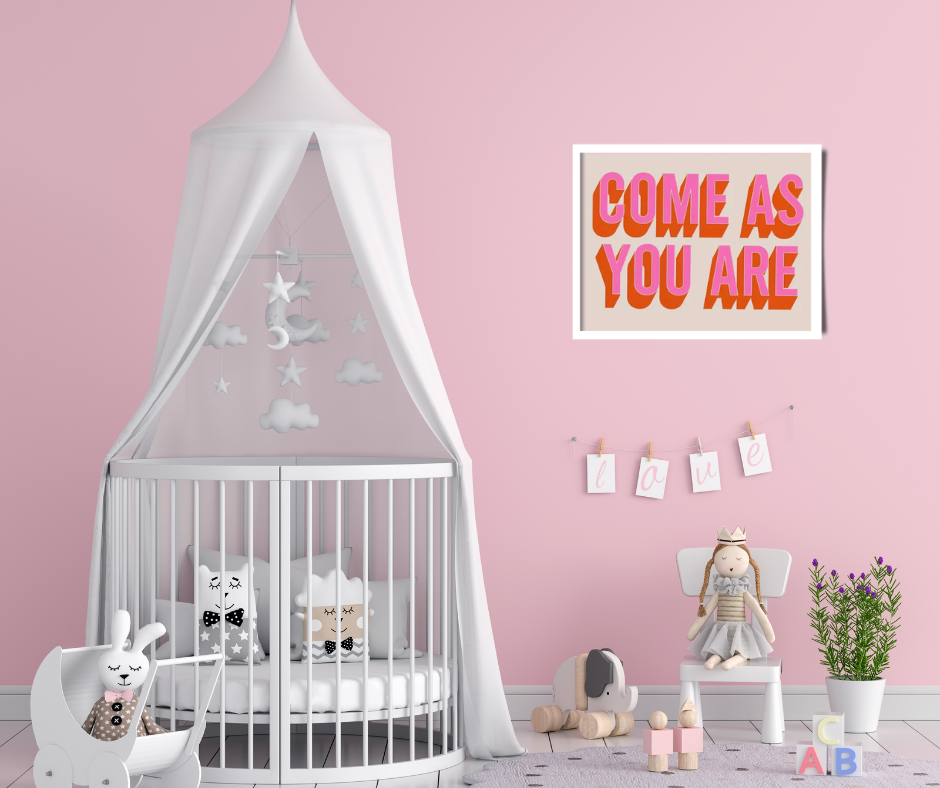 Children's 'Come as you are' framed canvas print | Pink, white, red | 40 cm x 30 cm