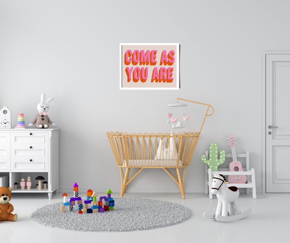Children's 'Come as you are' framed canvas print | Pink, white, red | 40 cm x 30 cm