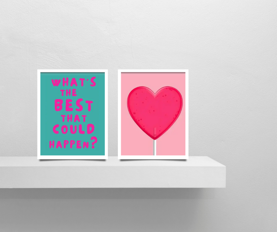Children's 'What's the best that could happen?' framed canvas print | Teal, pink, white | 40 cm x 30 cm