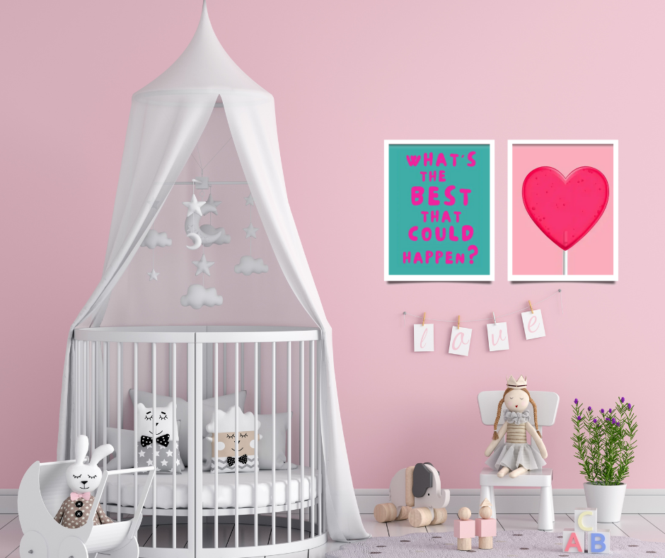 Children's pink lollipop framed canvas print | Pink, white, red | 40 cm x 30 cm