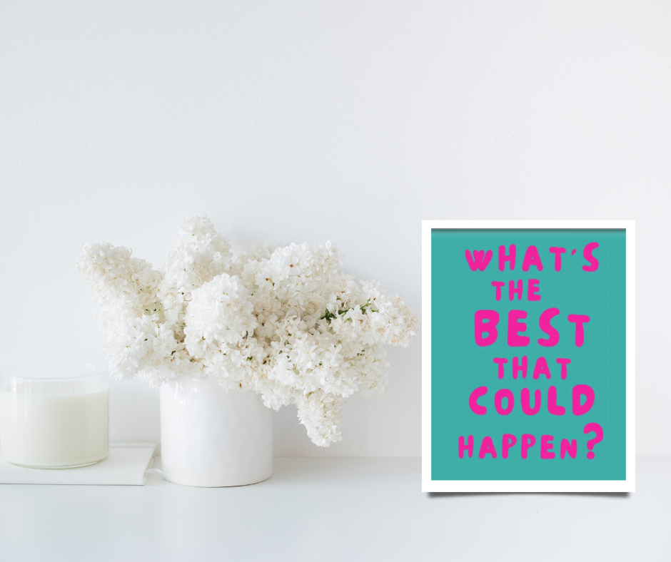 Children's 'What's the best that could happen?' framed canvas print | Teal, pink, white | 40 cm x 30 cm