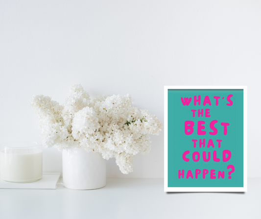Children's 'What's the best that could happen?' framed canvas print | Teal, pink, white | 40 cm x 30 cm