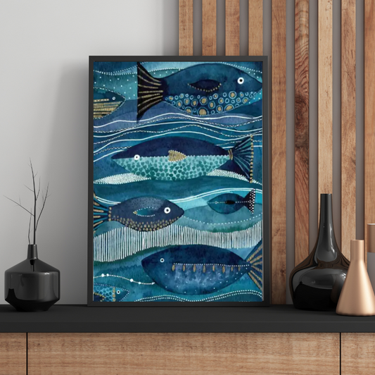 Vibrant abstract fish high quality framed canvas print | Blue, teal, gold | 30 cm x 40 cm