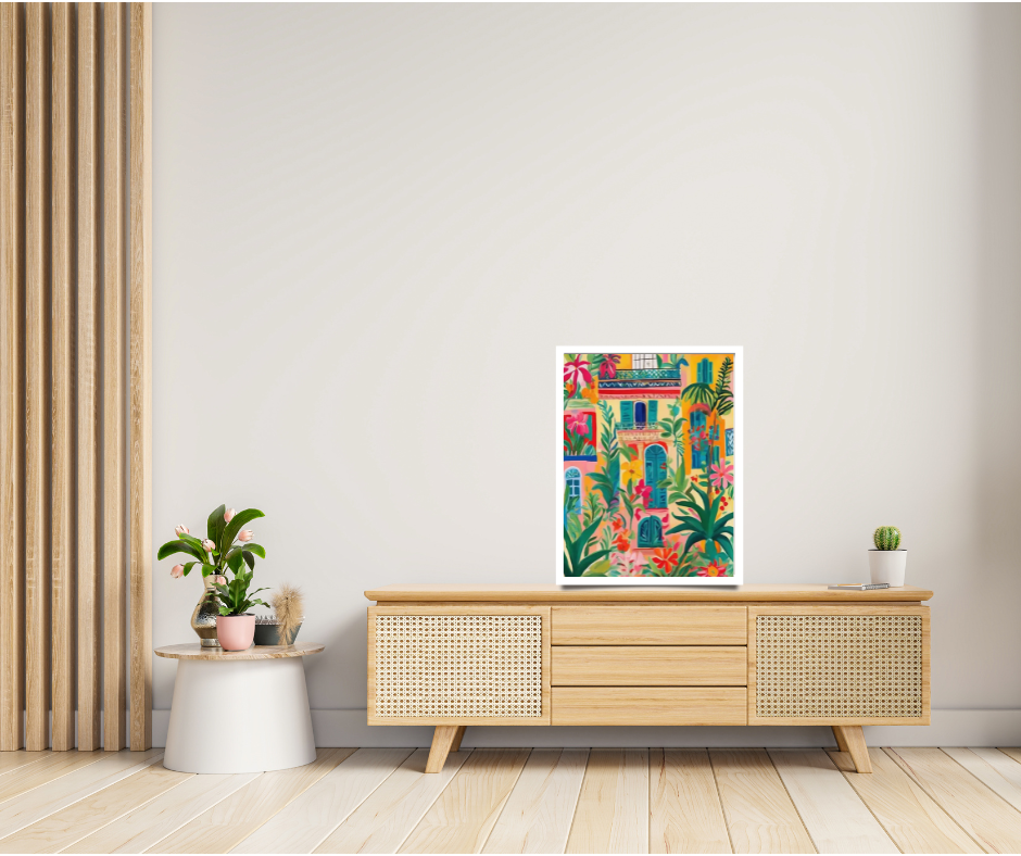 Cuban-style villa urban garden framed canvas print | Beige, pink, yellow | 30 cm x 40 cm