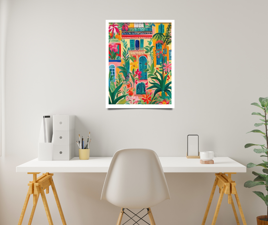 Cuban-style villa urban garden framed canvas print | Beige, pink, yellow | 30 cm x 40 cm