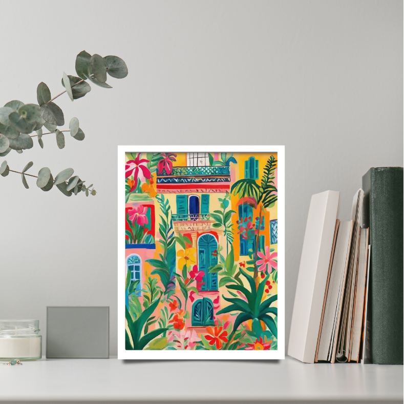 Cuban-style villa urban garden framed canvas print | Beige, pink, yellow | 30 cm x 40 cm