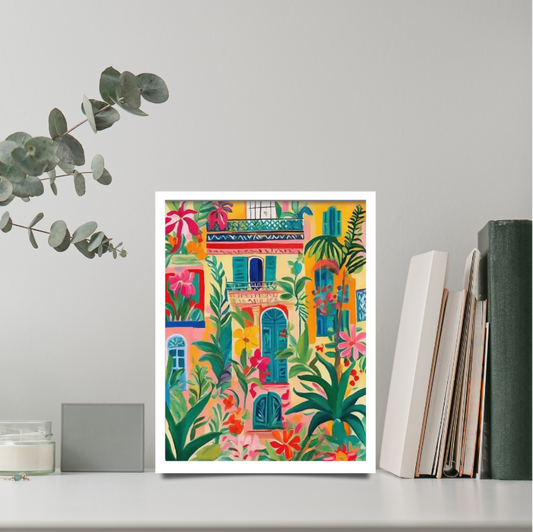 Cuban-style villa urban garden framed canvas print | Beige, pink, yellow | 30 cm x 40 cm