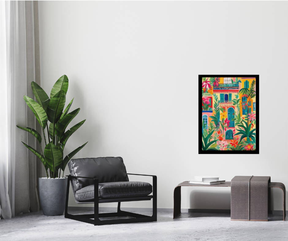 Cuban-style villa urban garden framed canvas print | Beige, pink, yellow | 30 cm x 40 cm