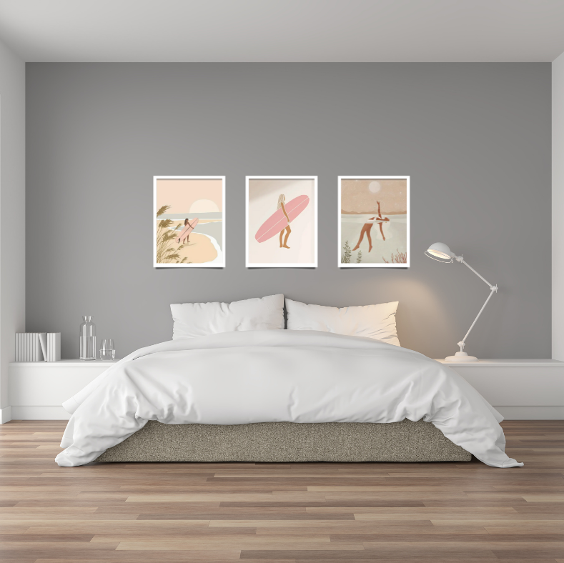 Curl curl surfer girl high quality framed canvas print | Beige, Pink, white | Set of 3 | 30 cm x 40 cm