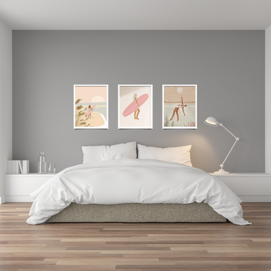 Curl curl surfer girl high quality framed canvas print | Beige, Pink, white | Set of 3 | 30 cm x 40 cm