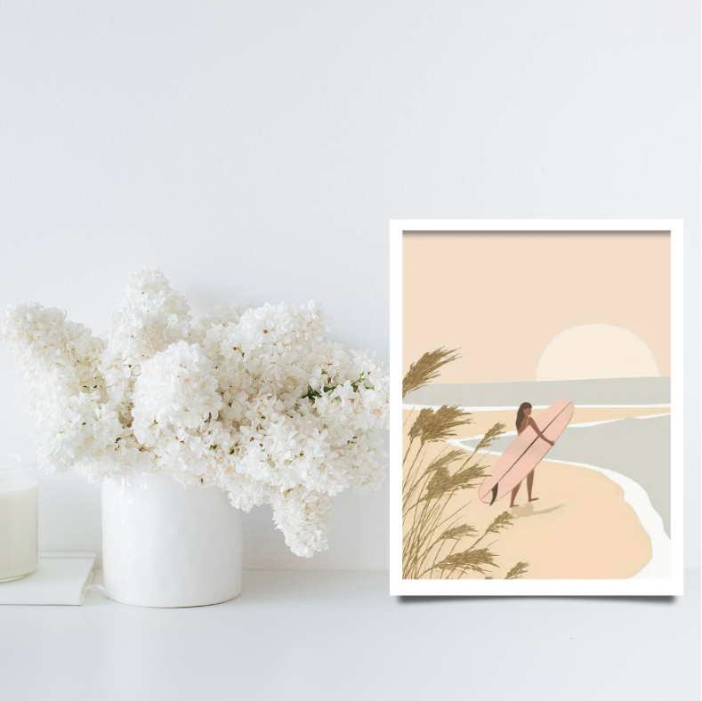 Curl curl surfer girl high quality framed canvas print | Beige, Pink, white | Set of 3 | 30 cm x 40 cm