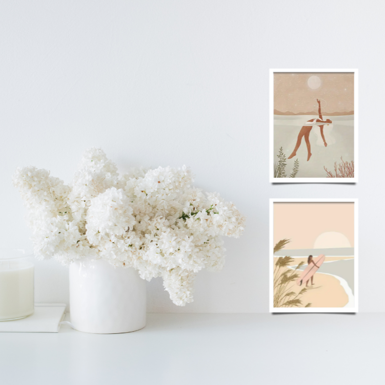 Curl curl surfer girl high quality framed canvas print | Beige, Pink, white | Set of 3 | 30 cm x 40 cm