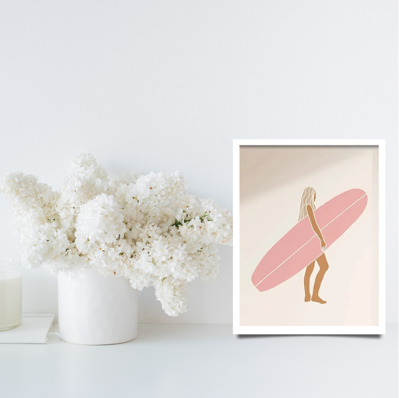 Curl curl surfer girl high quality framed canvas print | Beige, Pink, white | Set of 3 | 30 cm x 40 cm