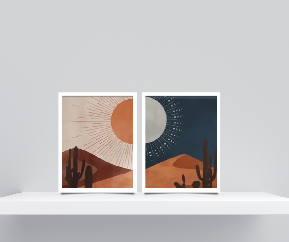 Desert day and night high quality UV protected framed canvas prints | Navy and cream | Set of 2 | 50 cm x 70 cm | LGE
