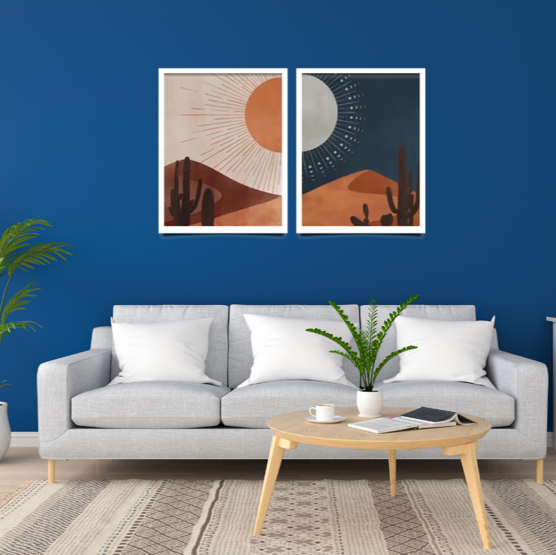 Desert day and night high quality UV protected framed canvas prints | Navy and cream | Set of 2 | 50 cm x 70 cm | LGE