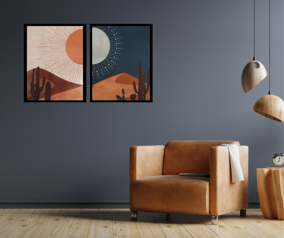 Desert day and night high quality UV protected framed canvas prints | Navy and cream | Set of 2 | 50 cm x 70 cm | LGE