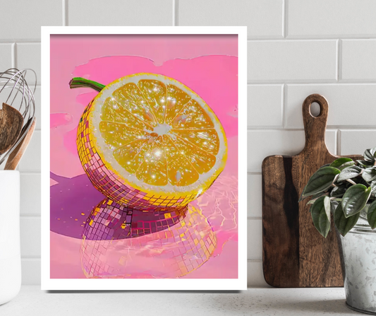 Disco lemon still life high quality UV protected framed canvas print | Yellow, pink | 50 cm x 70 cm LGE