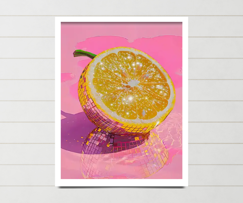 Disco lemon still life high quality UV protected framed canvas print | Yellow, pink | 50 cm x 70 cm LGE