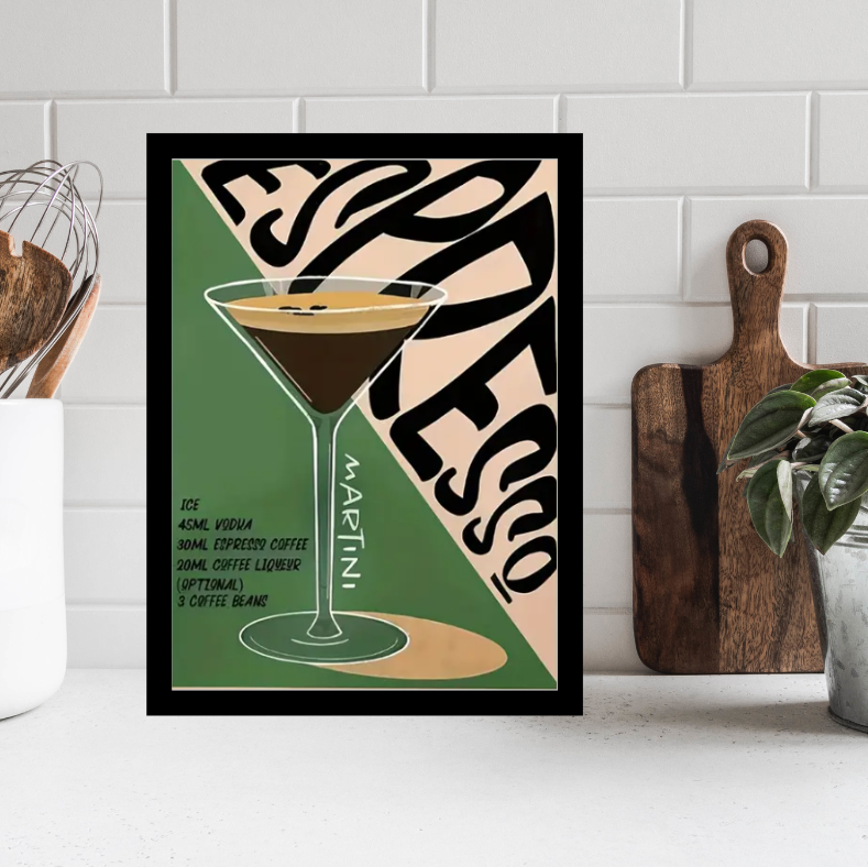Framed poster of an espresso martini with kitchen items in the background
