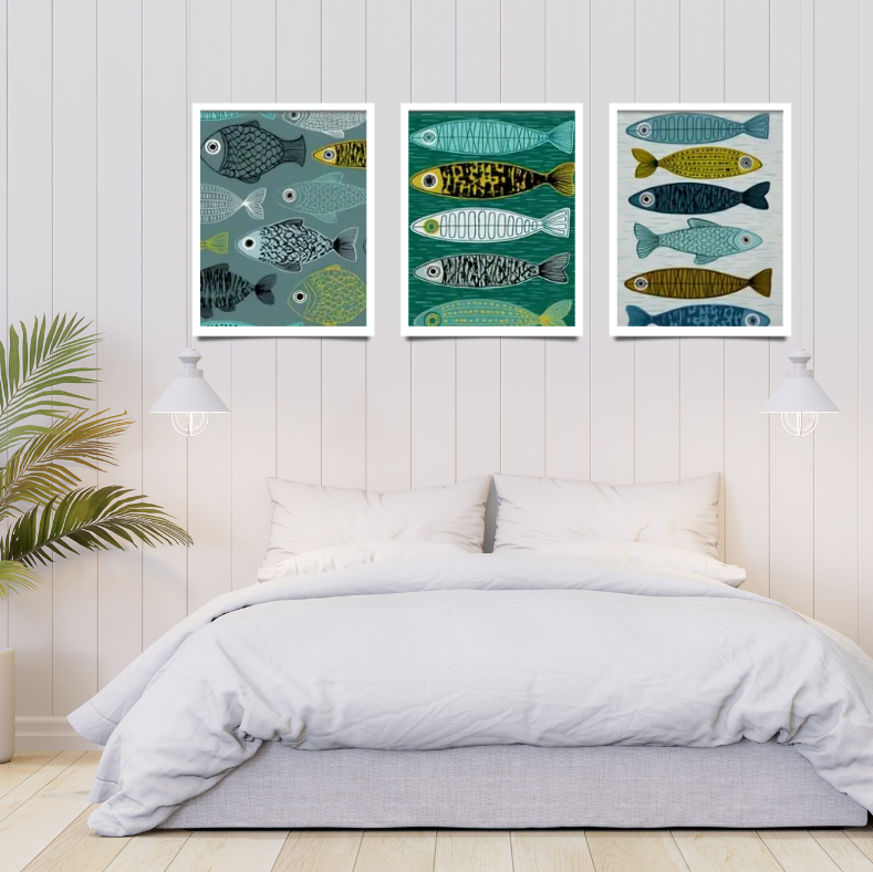 Fish school high quality framed canvas print | Teal, blue, cream, black | Set of 3 | 30 cm x 40 cm