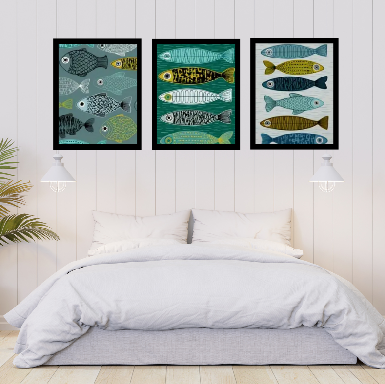 Fish school high quality framed canvas print | Teal, blue, cream, black | Set of 3 | 30 cm x 40 cm