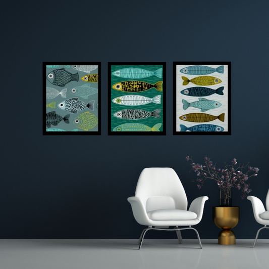 Fish school high quality framed canvas print | Teal, blue, cream, black | Set of 3 | 30 cm x 40 cm