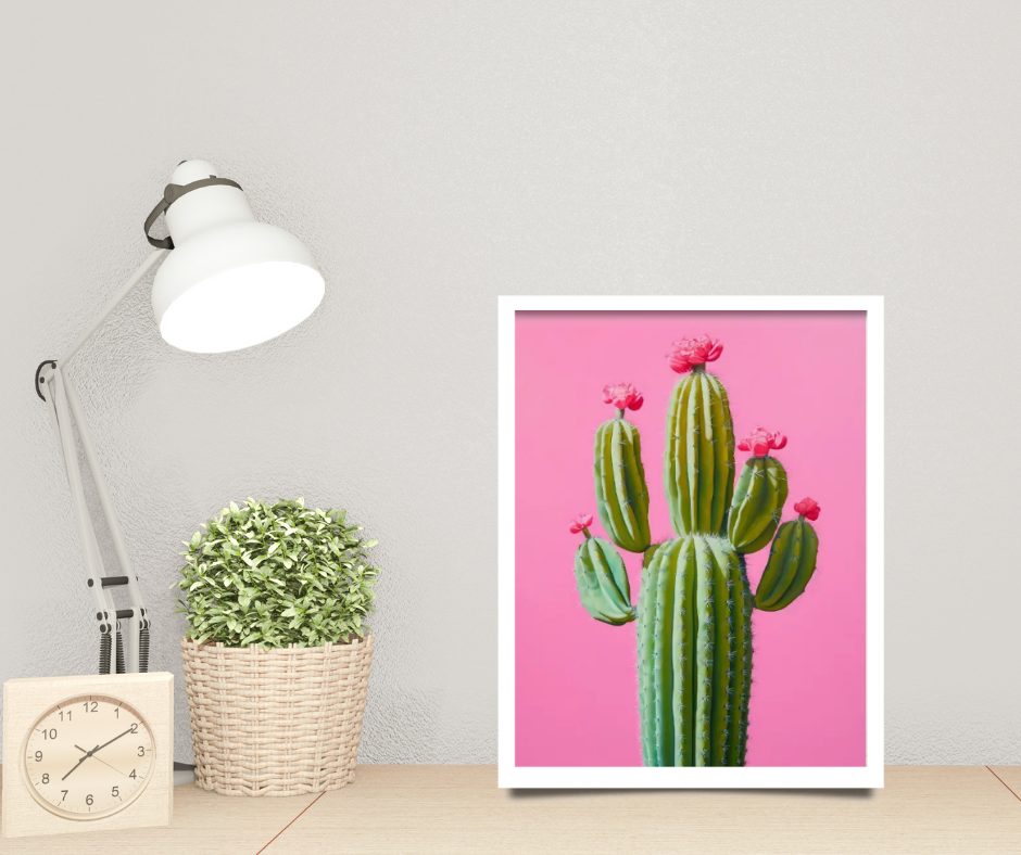 Vibrant still life cactus with pink flowers high quality framed canvas print | 30 cm x 40 cm