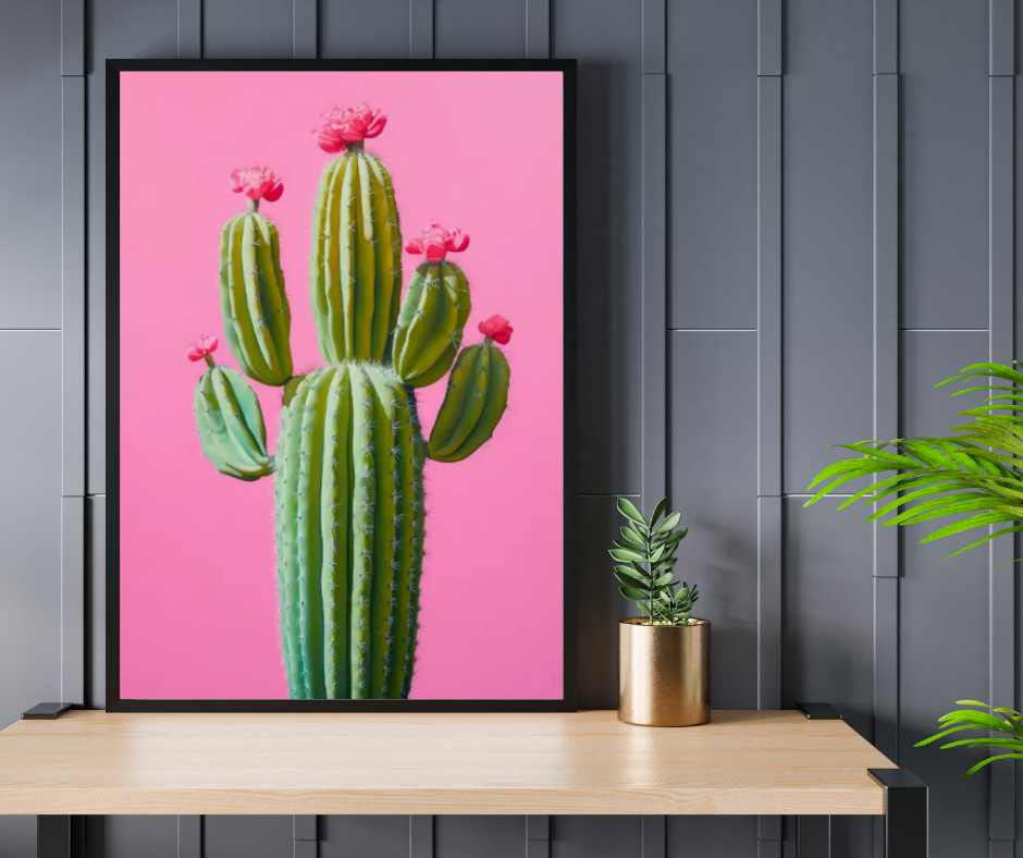 Vibrant still life cactus with pink flowers high quality framed canvas print | 30 cm x 40 cm