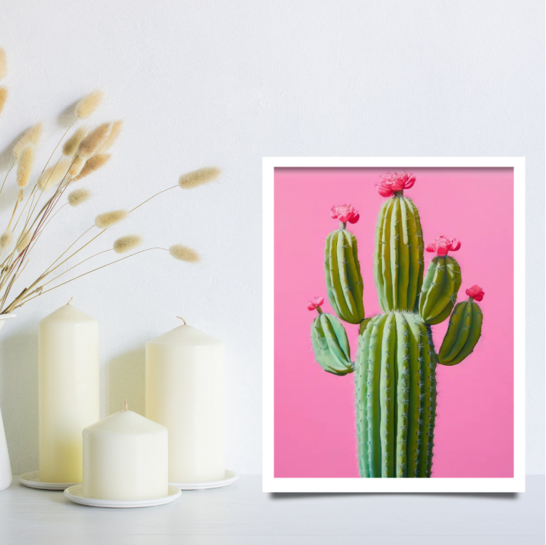 Vibrant still life cactus with pink flowers high quality framed canvas print | 30 cm x 40 cm