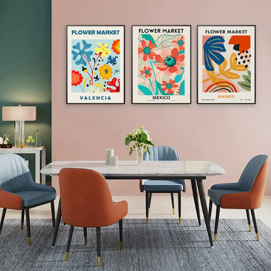 Vibrant 'Flower Market' Madrid, Valencia, Mexico | High quality UV protected framed canvas prints | Navy, teal, peach, pink | Set of 3 | 30 cm x 40 cm