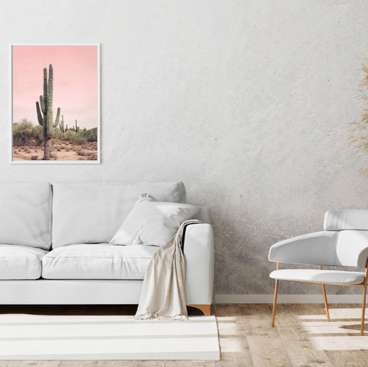 Giant cactus desert scene | High quality UV protected framed canvas print | Green, beige, pink | 30 cm x 40 cm