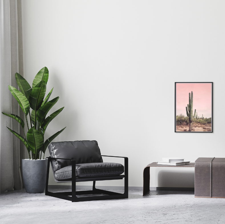 Giant cactus desert scene | High quality UV protected framed canvas print | Green, beige, pink | 30 cm x 40 cm