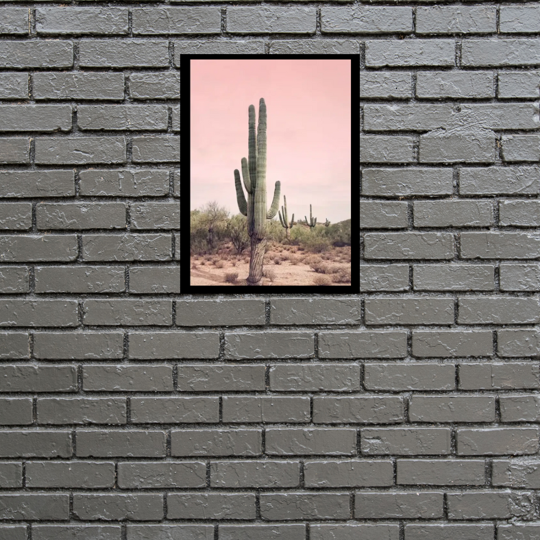 Giant cactus desert scene | High quality UV protected framed canvas print | Green, beige, pink | 30 cm x 40 cm