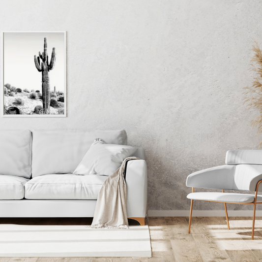 Giant cactus desert scene | High quality UV protected framed canvas print | Black and white | 50 cm x 70 cm LGE