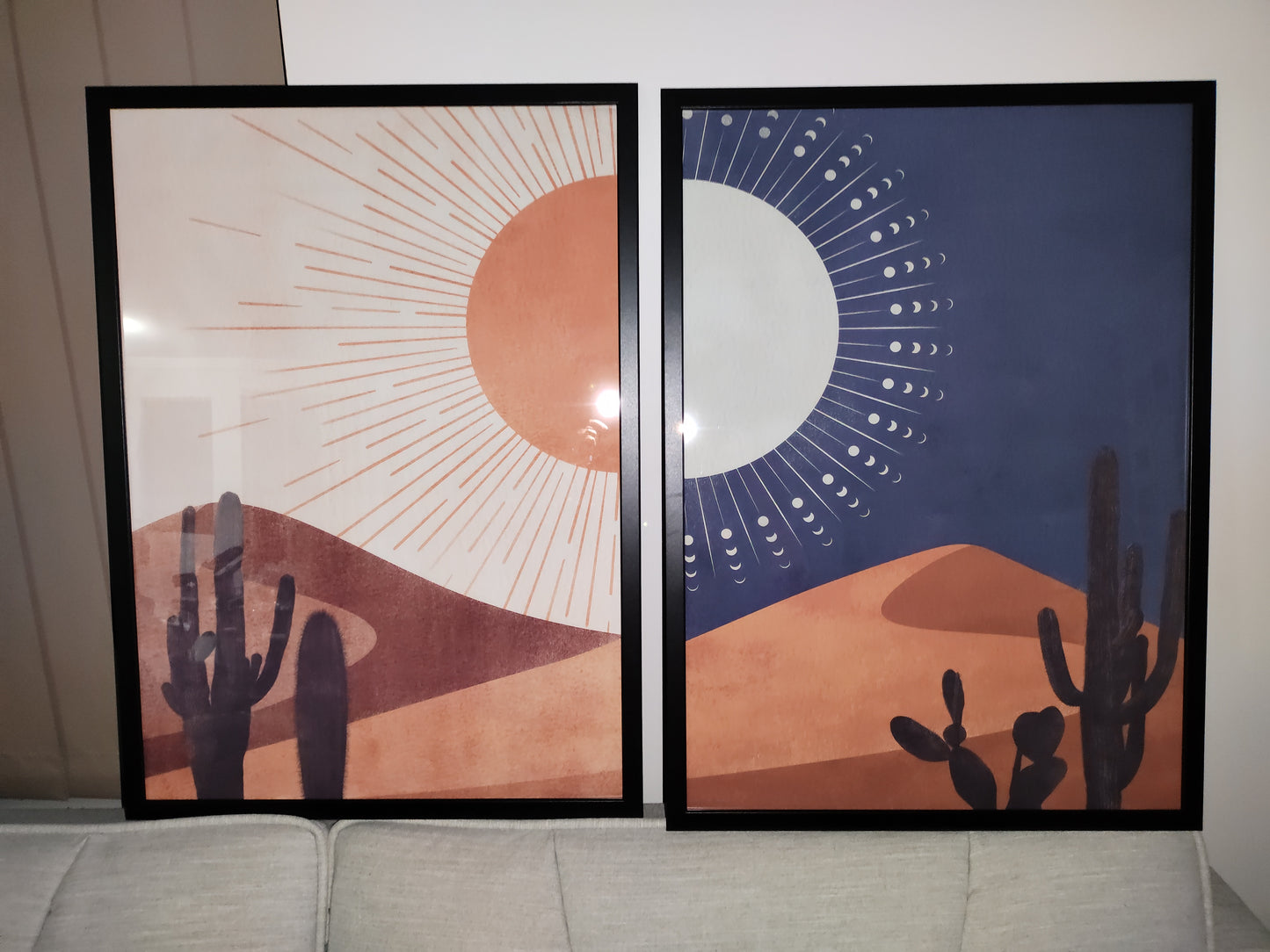 Desert day and night high quality UV protected framed canvas prints | Navy and cream | Set of 2 | 50 cm x 70 cm | LGE