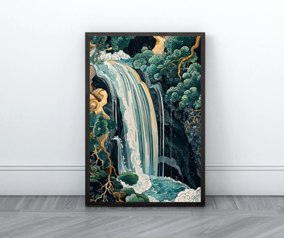 Japanese-inspired 3D teal and gold waterfall framed canvas print | 30 cm x 40 cm