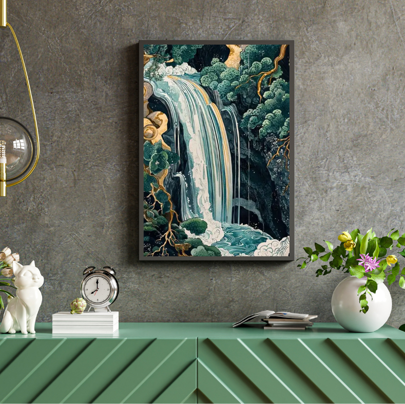 Japanese-inspired 3D teal and gold waterfall framed canvas print | 30 cm x 40 cm