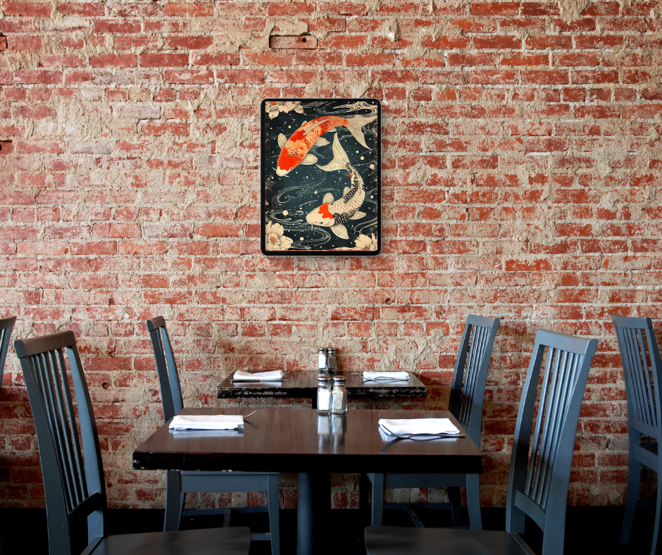 Japanese Koi swimming framed canvas print | Teal, orange, white | 30 cm x 40 cm
