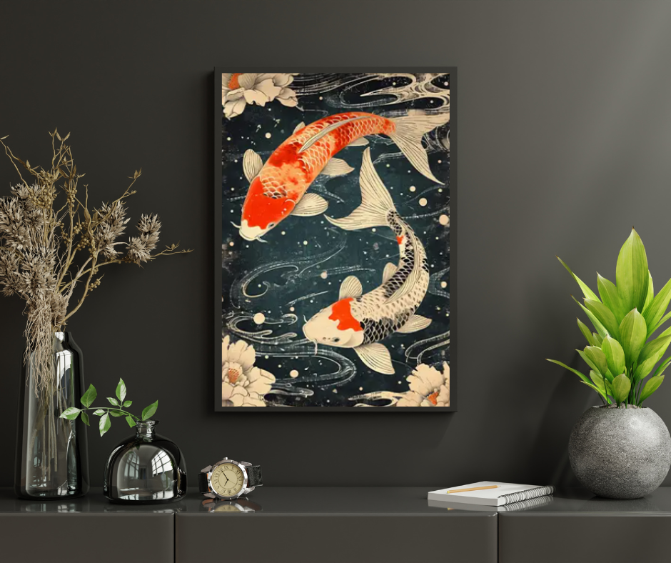 Japanese Koi swimming framed canvas print | Teal, orange, white | 30 cm x 40 cm