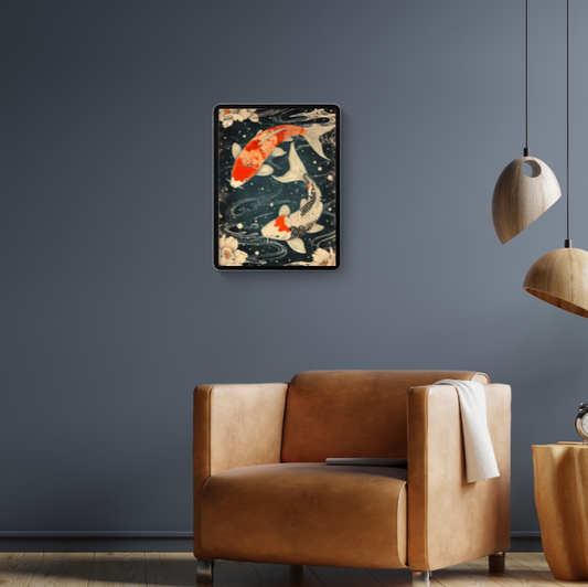 Japanese Koi swimming framed canvas print | Teal, orange, white | 30 cm x 40 cm