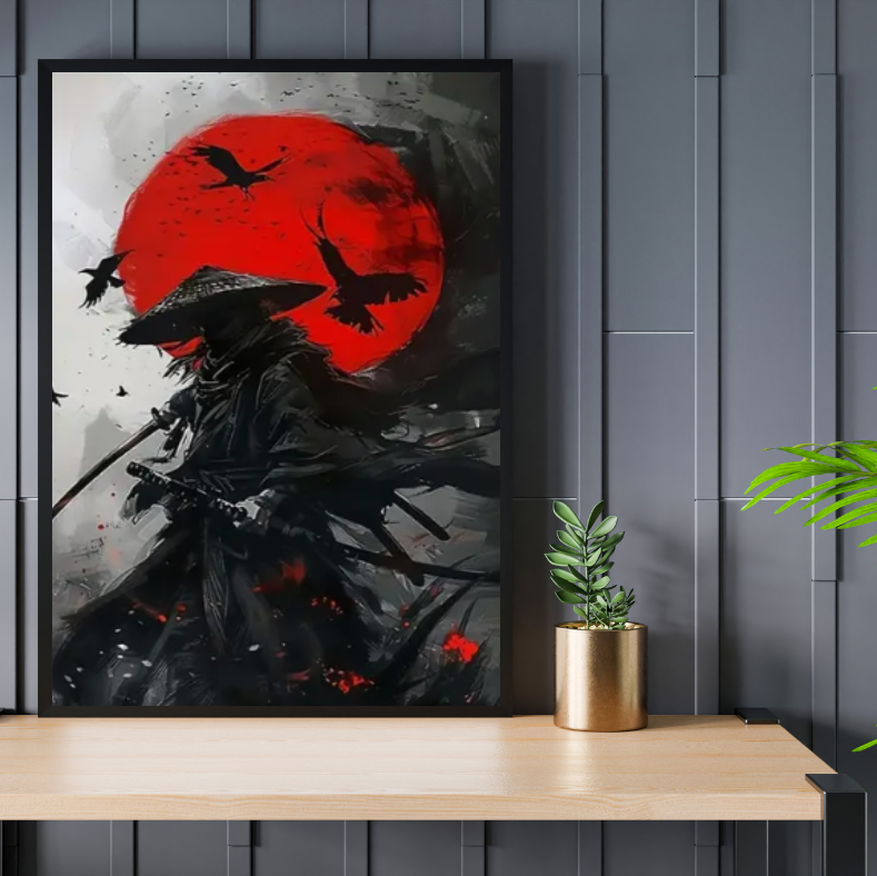 Japanese Shinto warrior framed canvas print | Black, red, white | 30 cm x 40 cm