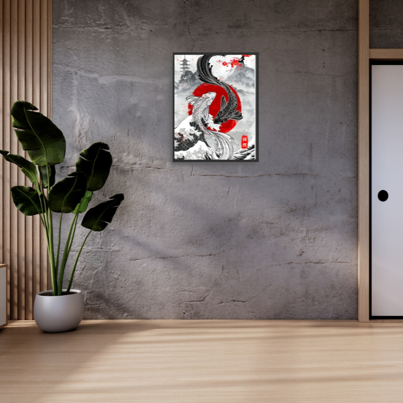 Japanese Koi framed canvas print | Black, red, white | 30 cm x 40 cm
