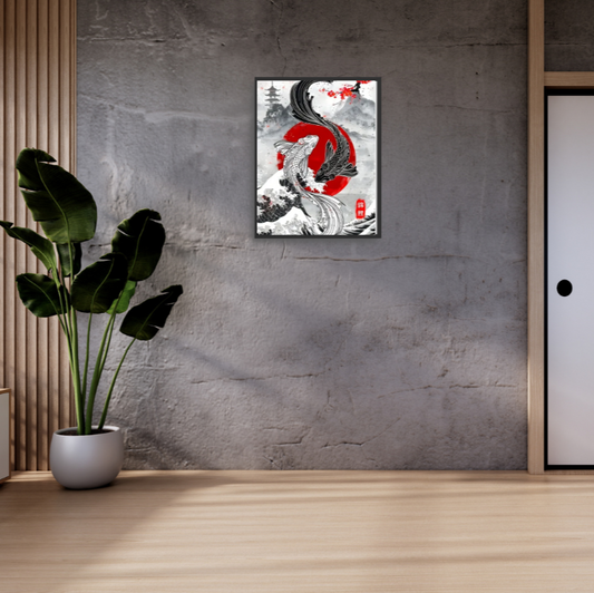Japanese Koi framed canvas print | Black, red, white | 30 cm x 40 cm