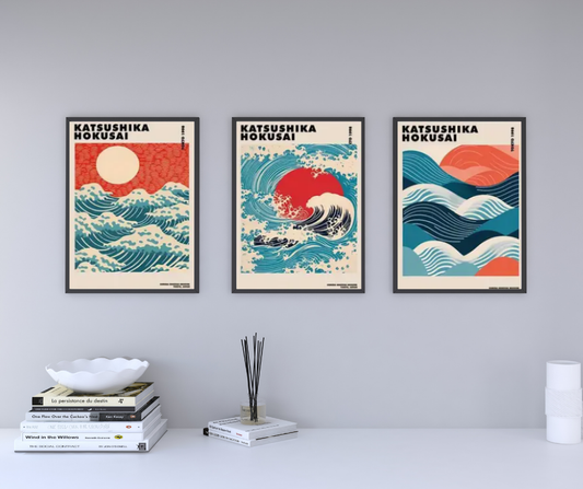 Katsushika Hokusai 'Great Wave'  framed canvas prints | Blue, orange | Set of 3 | 30 cm x 40 cm