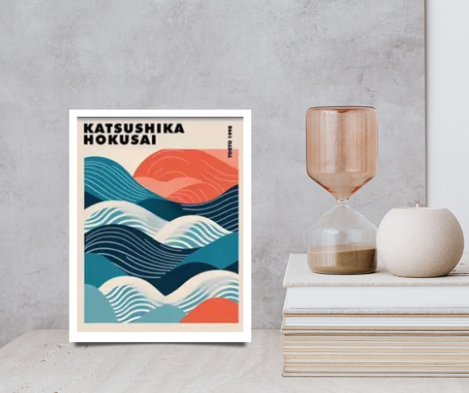 Katsushika Hokusai 'Great Wave'  framed canvas prints | Blue, orange | Set of 3 | 30 cm x 40 cm